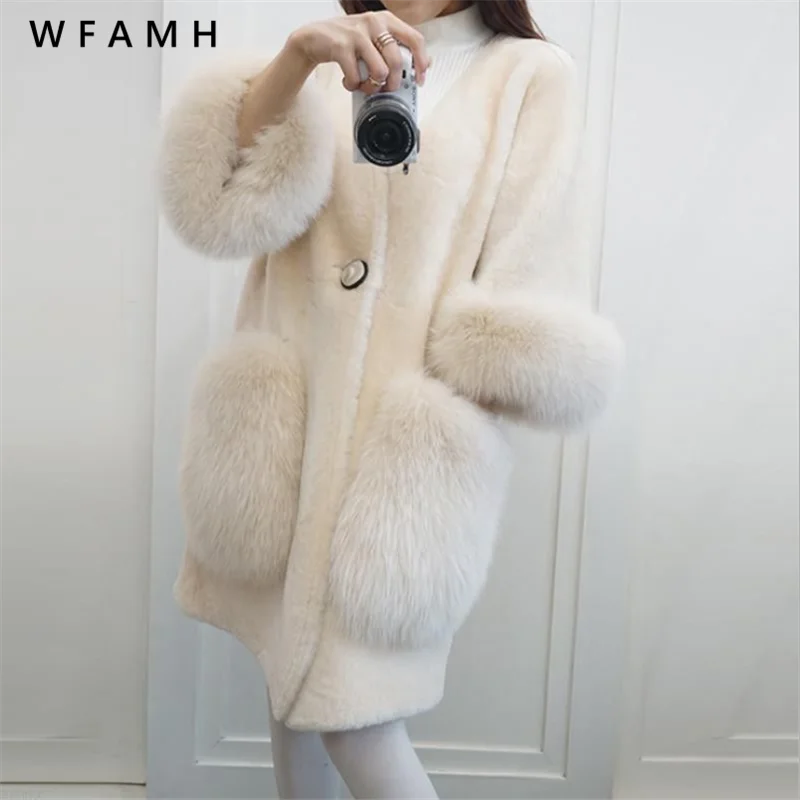 Зимнее пальто из искусственной овчины, шерстяное пальто средней длины, корейское пальто из искусственного лисьего меха, Женское пальто из искусственного кашемира