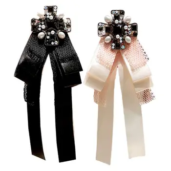 

Office Ladies Lace Satin Ribbon Bow Brooch Pin Rhinestone Cross Collar Necktie