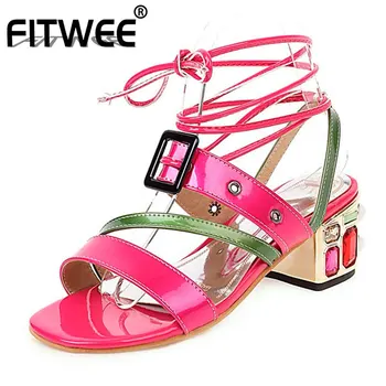 

FITWEE Women Sandals Fashion Cross-Tied Buckle Mixed Color Shoes Women Daily Footwear Square Heel Female Zapatos Size 33-48