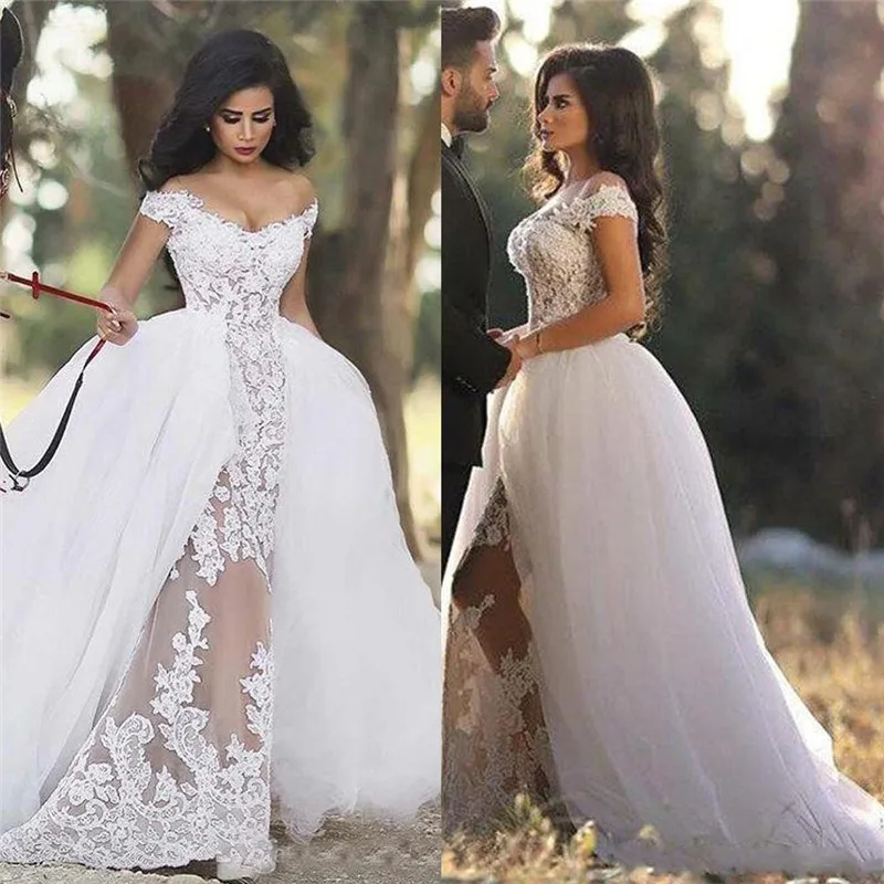 

Off Shoulder Short Sleeves Lace Appliques Slim Mermaid Wedding Dresses With Detachable Tulle Train Bridal Gowns 2020 Middle East