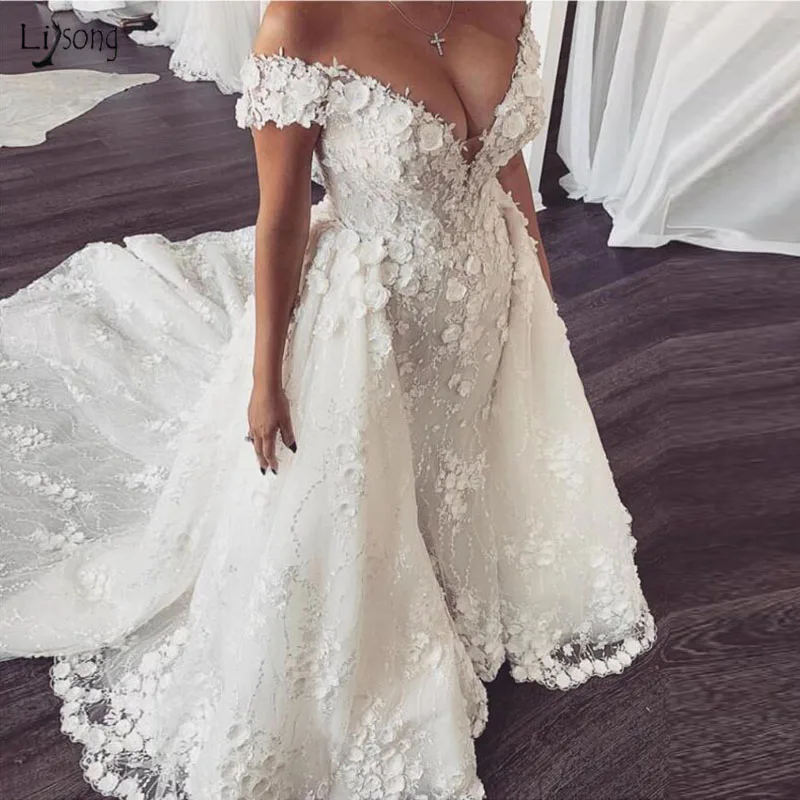 Белый Vestido De Noiva, свадебные торжественные платья с открытыми плечами, со съемным шлейфом, роскошное дубайское кружевное свадебное платье с аппликацией - Цвет: Белый