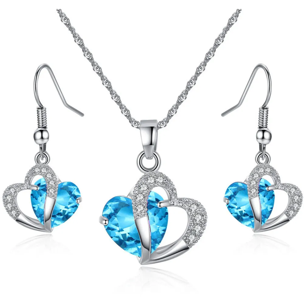Jewelry set Синий Аквамарин Драгоценный Камень Висячие серьги и кулон ожерелье набор для женщин Милое сердце кристалл ювелирные изделия Белое золото алмаз подарок - Цвет камня: Jewelry set