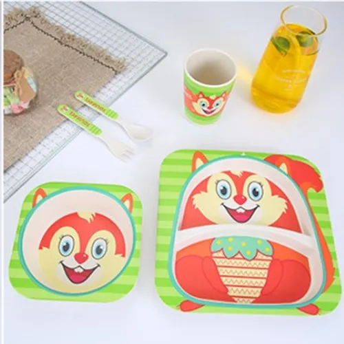 5 шт./компл. детская тарелка с изображением животных+ бант+ вилка+ чашка, детская посуда, комплект для кормления из бамбукового волокна, детский контейнер, набор посуды - Цвет: Squirrel
