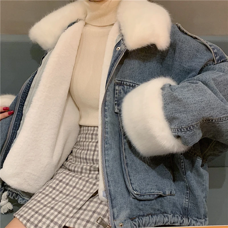 SHENGPALAE, новинка, модная осенне-зимняя джинсовая куртка для женщин, имитация кролика, вельветовое пальто для женщин, меховой воротник, подкладка, съемный A15