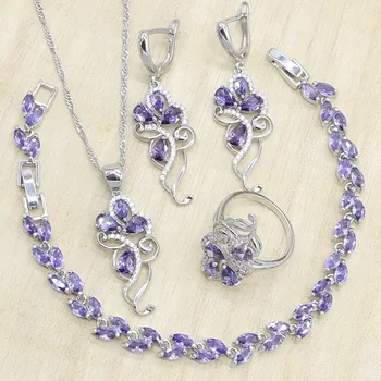 

Purple Zircon Silver Color Jewelry Sets for Women Wedding Earrings Pendant Necklace Rings Bracelet Gift Box