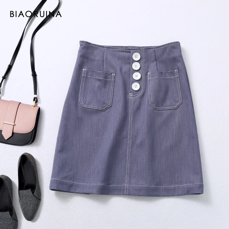

BIAORUINA Women's Indigo Elegant Single Breasted High Waist A-line Shorts Female Casual Shorts Side Zipper Summer New Arrival