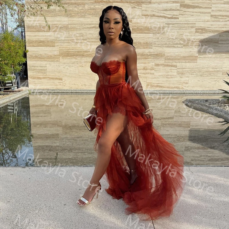 Pretty Sexy Prom Dress Strapless Sleeveless LaceTulle Ruffles High Split Plus Size Women Evening Party Cocktail Elegant Gowns