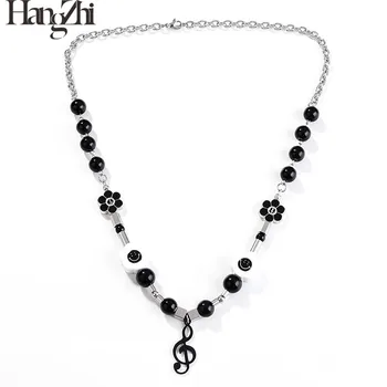 

HANGZHI 2020 New Hip Hop Musical Notes Black beaded Punk Street Personality Necklace For Women Men Girls Party Jewelry Gifts