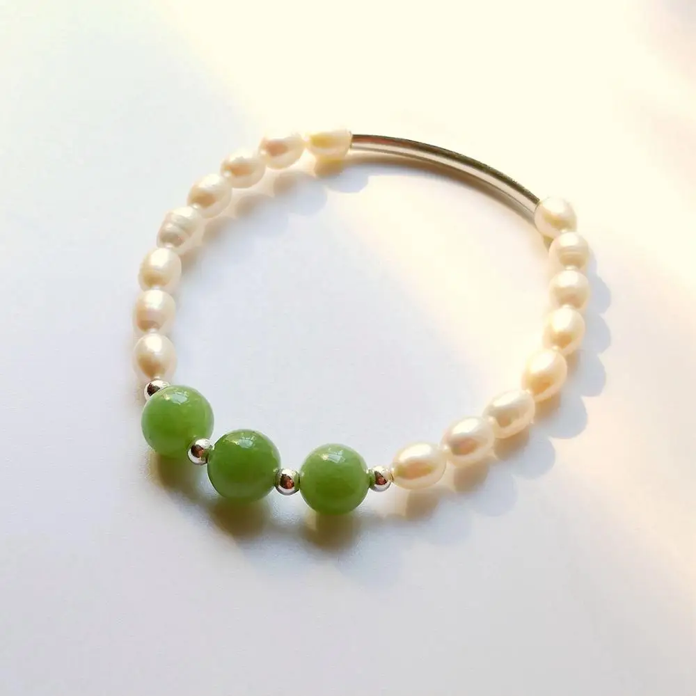 

Lii Ji Genuine 8mm Green Jade Freshwater Pearl 925 Sterling Silver Elastic Bracelet Natural Stone Healing Power Jewelry For Gift