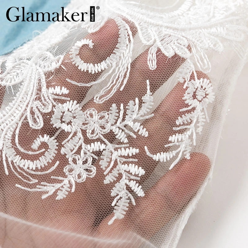 Glamaker Сексуальная Лоскутная джинсовая Прозрачная кружевная блузка рубашка Женская Осенняя сетчатая блуза с карманами Женская модная уличная рубашка Топ