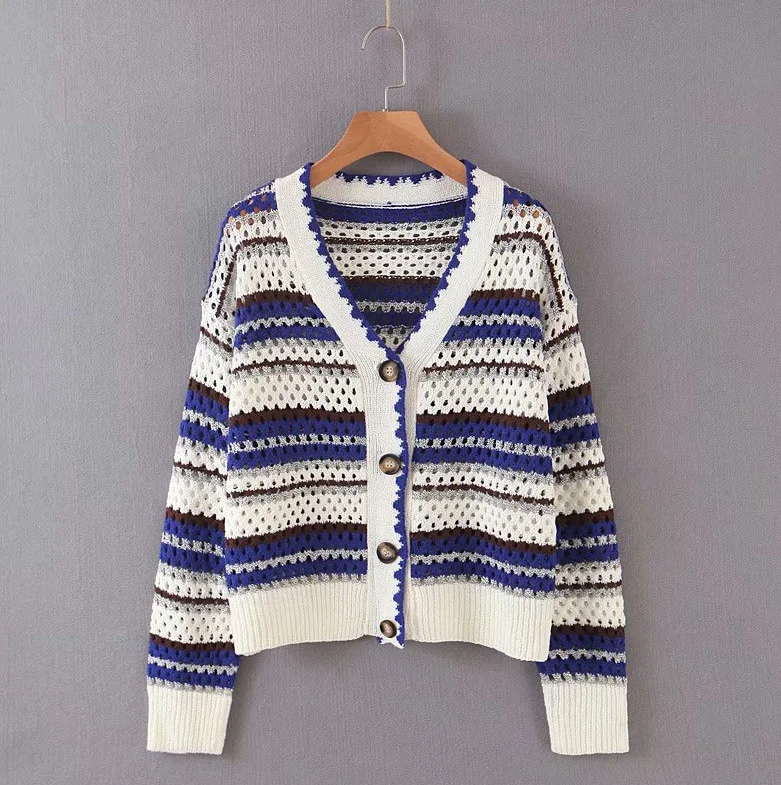blue sweater Вязаный свитер женский старинный Кардиган корейский Радужный свитер с длинным рукавом Женская одежда с v-образным вырезом милый свитер осень - Цвет: blue sweater