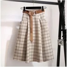 Plaid Vintage Warm Thick Winter High Waist Women Skirts Female Autumn Plus Size A-line Long Girls Skirt Brown Elegant Skirt