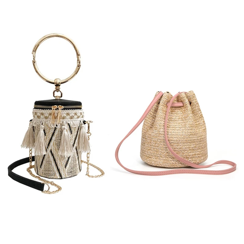 

2Pcs Summer Straw Bucket Bag Weave Purse Handbag Fringe Bohemian Bag Pouch Pink with Khaki