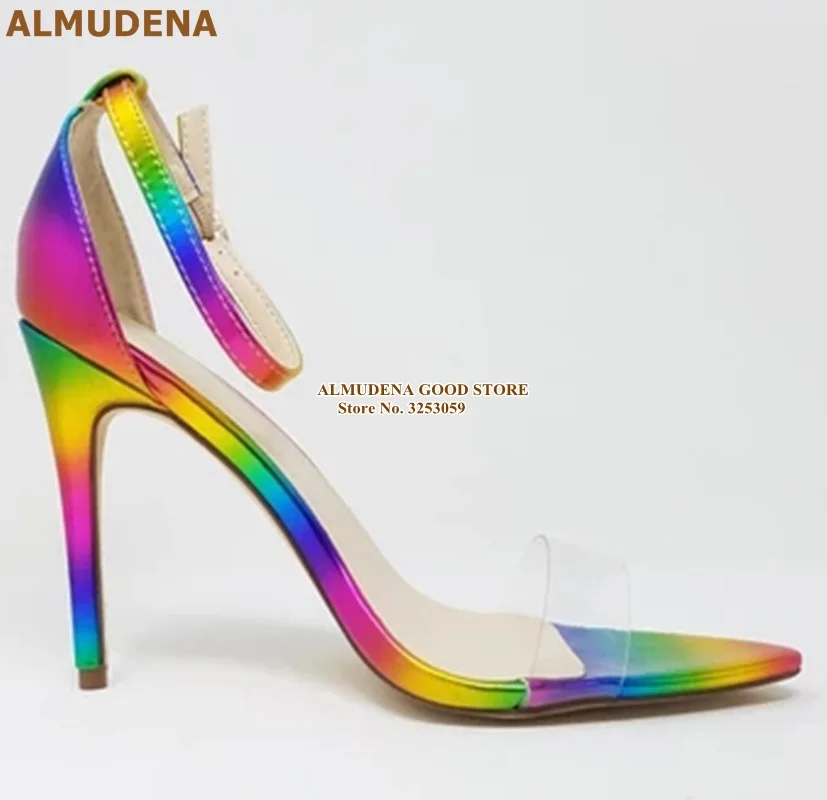 ALMUDENA/разноцветные босоножки с радужными ремешками; прозрачный ремешок из ПВХ на шпильке; свадебные туфли; оранжевые модельные туфли-лодочки с острым носком; Прямая поставка