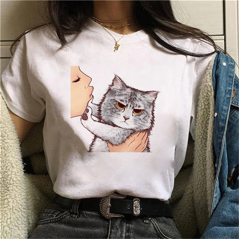 

Fashion Lovely Cats T Shirt Women Lovely Print Short Sleeved O-neck T-shirt Vintage Vogue Ullzang Tshirt Harajuku Tops