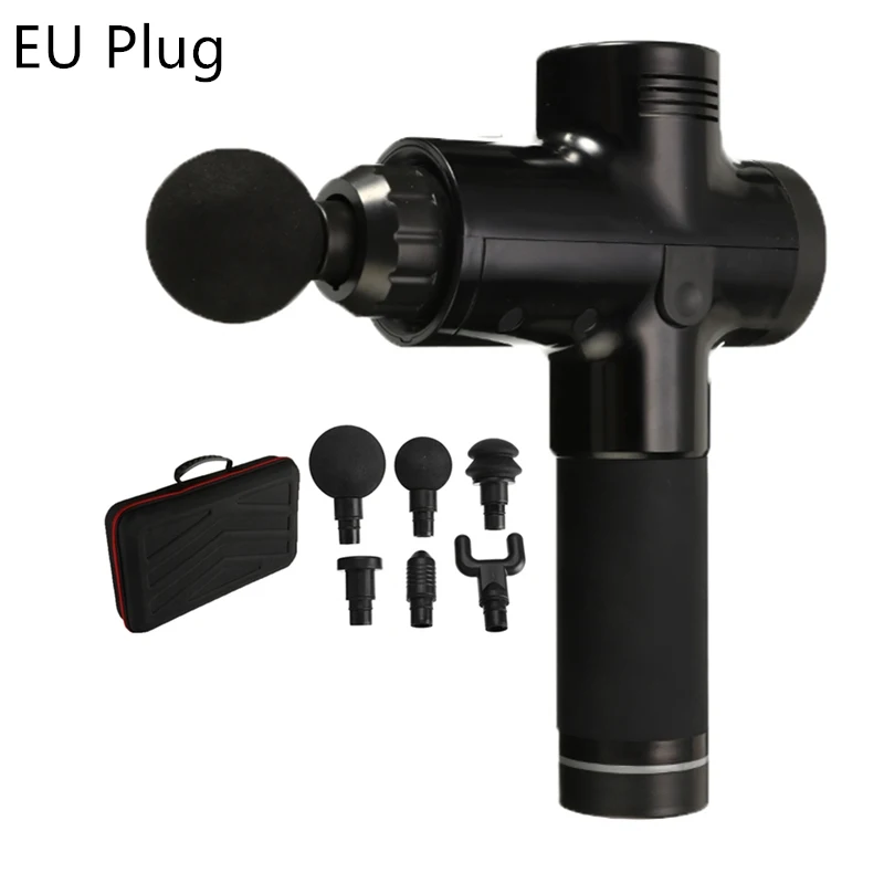 Black with EU Plug Массажный пистолет Tissue 3 Gears мышечный массажер облегчение боли для тренировок и упражнений терапия Расслабление тела Корректирующее 6 головок с мешком - Цвет: Black with EU Plug