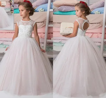 

Sparkly Lace Beaded Arabic Flower Girl Dresses Crew Vintage Child Party Birthday Gown Beautiful Girl Wedding Dresses