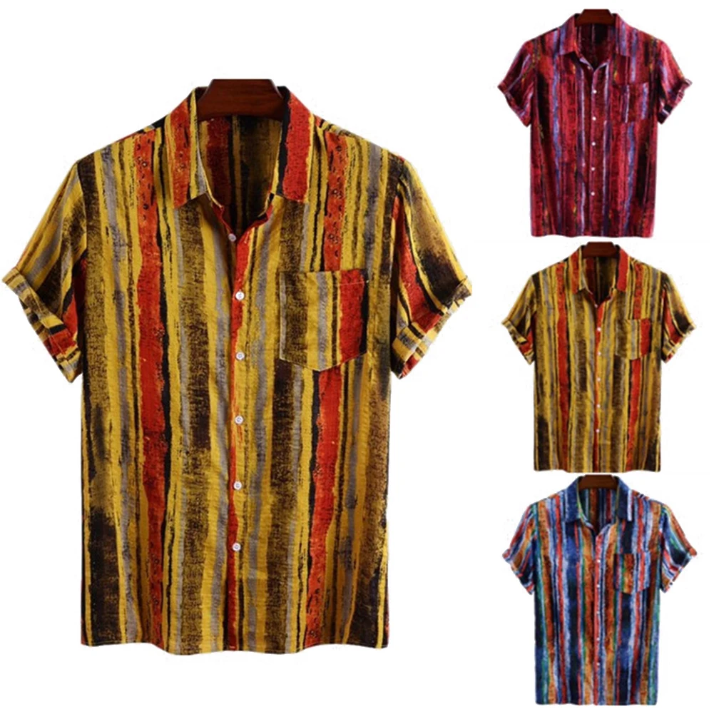 

2020 Fashion Men Shirts Summer Lapel Top Loose Colors Stripes Printed Short Sleeve Buttons Breathable Coat with Chest Pockets