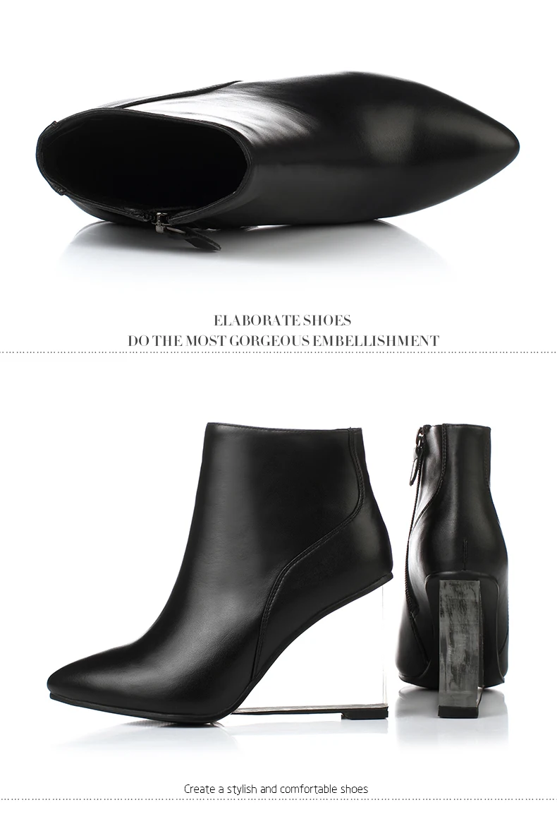 genuine leather boots pointed toe Slope heel transparent crystal 9cm fashion show women's shoes yellow black autumn winter new