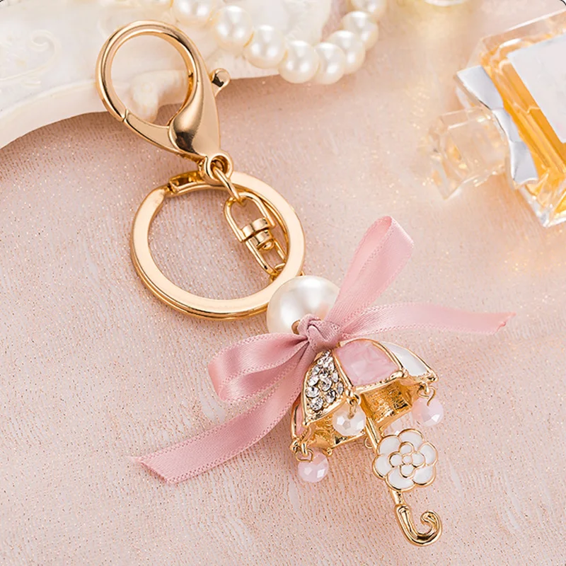 pink Розовый эмалированный зонтик из горного хрусталя, брелок для ключей, женская сумка, лента, маленький орнамент, жемчуг, цветок, подвеска, автомобильные аксессуары, брелок - Цвет: pink