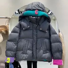 

Winter 2021 New Down Jacket Women's Short Hooded Letter Fashion Parkas Loose Thick White Duck Puffer Warm Bread Outwear Female