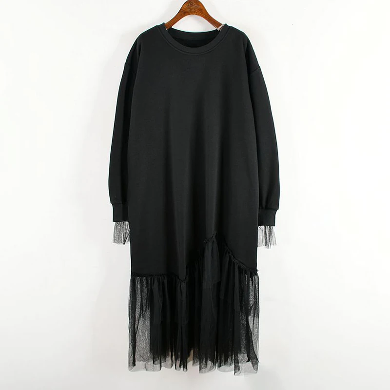 CHICEVER Korean Knitted Dress For Women O Neck Long Sleeve Oversize Loose Patchwork Mesh Dresses Female Autumn Fashion New