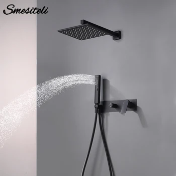 

Smesiteli Brass Matte Black Wall-Mounted 2Function Double Switch Hot And Cold Water Concealed Rain Shower System Bathroom Faucet