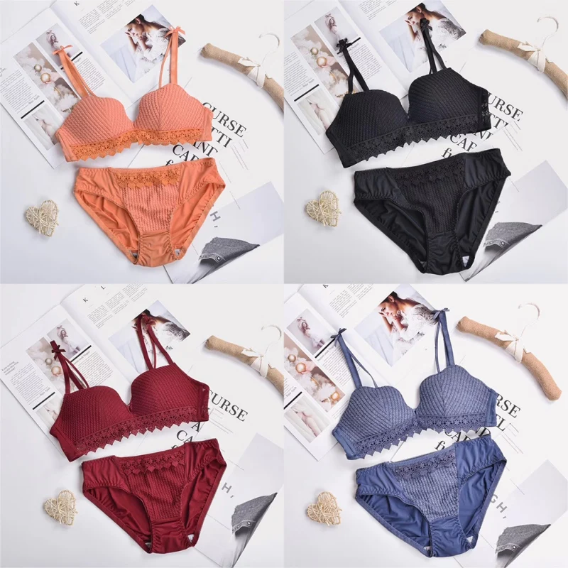 

Seamless Women Bra Set Thin Lace Wave Side Bras 3/4 Cup Gather Push Up Wireless Padded Bralette Mid Waist Briefs Lingerie suits