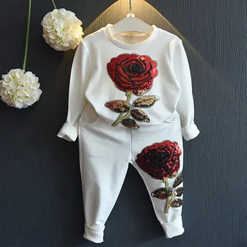 

ZWF263 Girls Clothing Sets Winter Wool Sportswear Long Sleeve Rose Floral Embroidered Sequinsets Kids Clothing Sets 2-8 Years