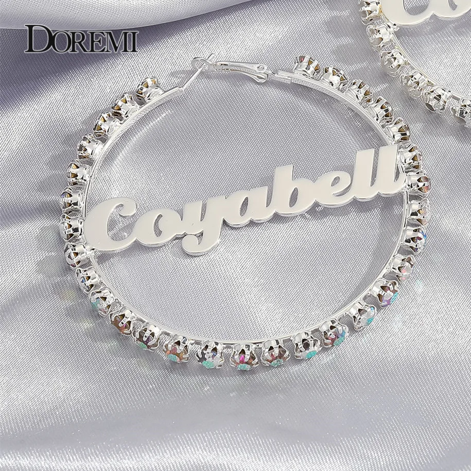 DOREMI New Colorful Zircon Earrings Custom-named Heart-shaped Geometric Letter Earring Hip-hop Style Custom HoopS Earrings 5-7cm