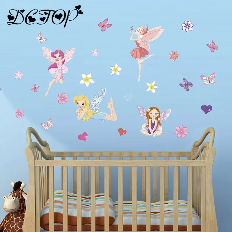 Beautiful Fairy Girl in Flowers Wall Stickers Art DIY Butterflies Decals For Kids Baby Room Home Princess Decor Removable Mural (4)