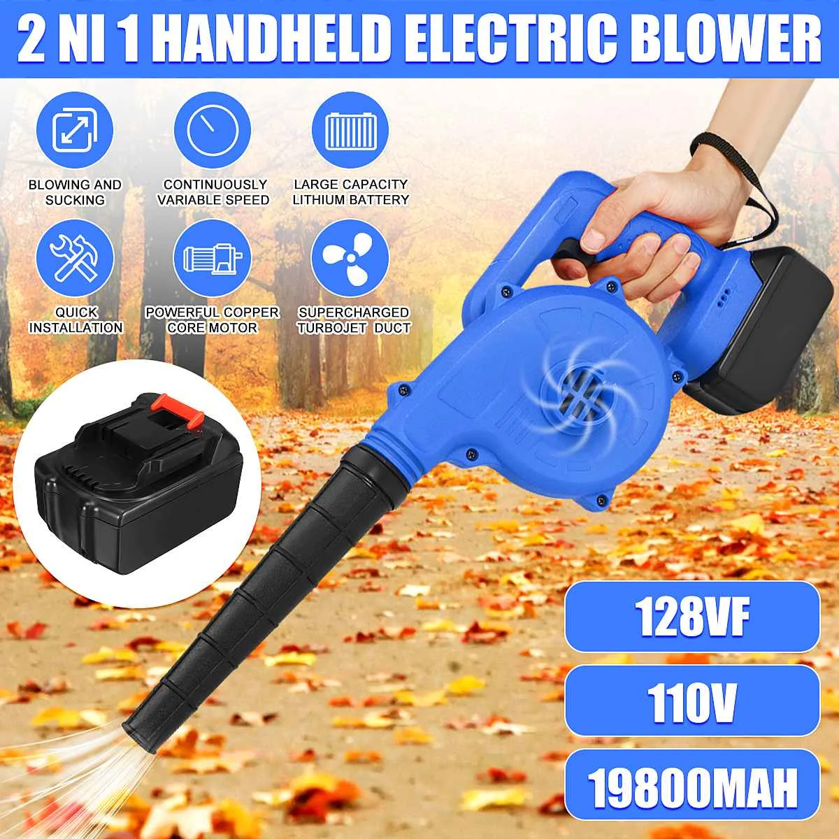 

128VF 19800mAh Garden Cordless Blower Vacuum Clean Air Blower for Dust Blowing Dust Computer Collector Hand Operat Power Tool