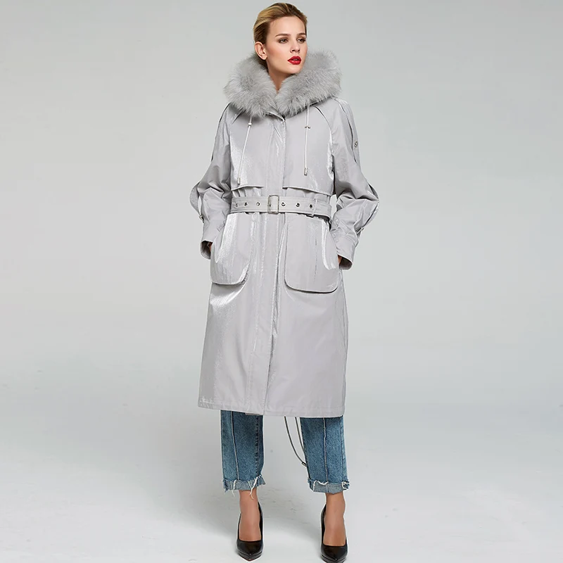 Light gray Tcyeek/пальто из натурального меха кролика Рекс, теплая парка, зимняя куртка для женщин, Воротник из лисьего меха, корейские длинные куртки Hiver 8708 - Цвет: Light gray