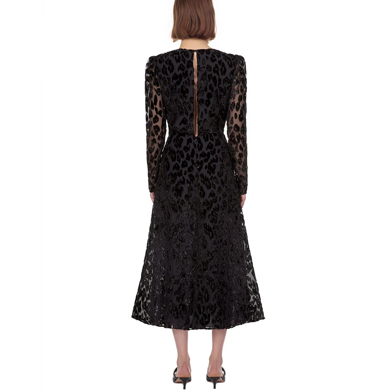 MoaaYina v-образным вырезом с длинным рукавом металлик черный леопард миди платье