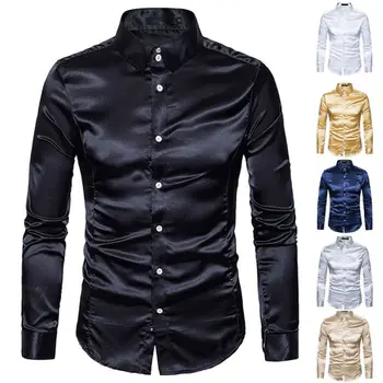

New Fashion Men's Silk Satin Shirts Long Sleeve Satin Smooth Tops Plain Business Ruffled Vintage Wedding Tuxedo Formal Shirts