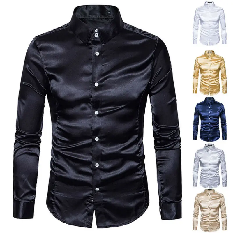 New Fashion Men's Silk Satin Shirts Long Sleeve Satin Smooth Tops Plain Business Ruffled Vintage Wedding Tuxedo Formal Shirts New Fashion Men's Silk Satin Shirts Long Sleeve Satin Smooth Tops Plain Business Ruffled Vintage Wedding Tuxedo Formal Shirts