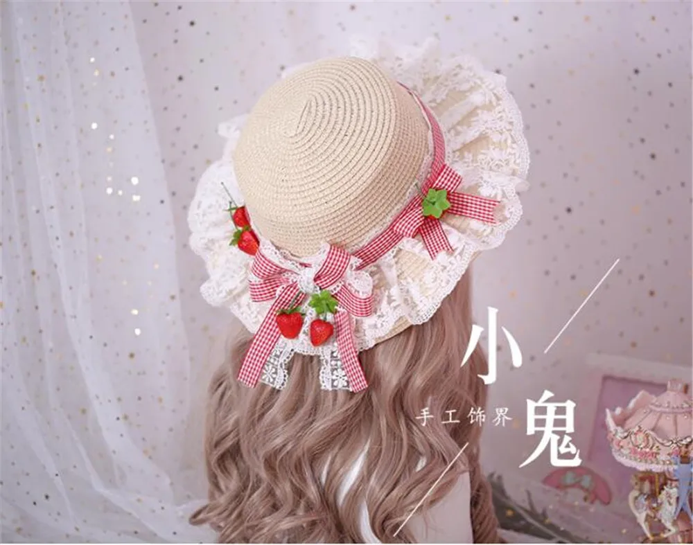 Туфли в стиле Mori Girl летние соломенные шляпы для Для женщин пляжная шляпа от солнца в стиле "Лолита" Kawaii для девочек; Шнуровка с бантиком из ленты, соломенная шляпа B458