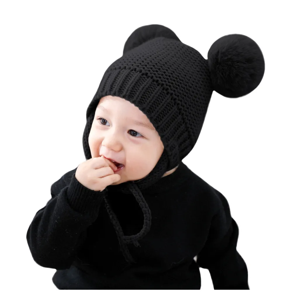 Детские хлопковые зимние вязаные шапки для мальчиков и девочек, теплая вязаная шапка с ушками, вязаная шапка для малышей, шапки для мальчиков# SH - Цвет: Черный