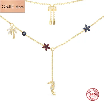 

S925 Sterling Silver Jewelry 1:1 Copy,Collection TROPICANA,Tropical Flowers Palm Tree And Toucan Adjustable Necklace With Logo