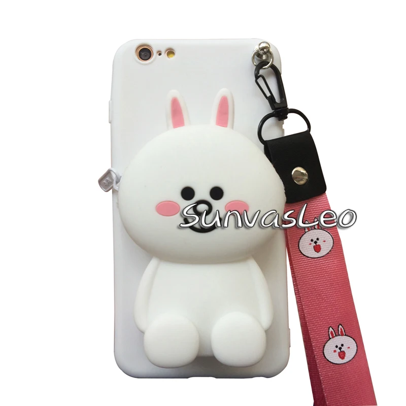 For iPhone 6 6s 7 8 Plus X XS XR XS Max 3D Purse Cute 3D Cartoon Animal Soft Silicone Case Wallet Cover With Strape Phone Cover - Цвет: White Rabbit
