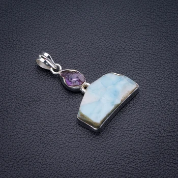 

Natural Caribbean Larimar And Amethyst Handmade 925 Sterling Silver Pendant 1.5" D2911