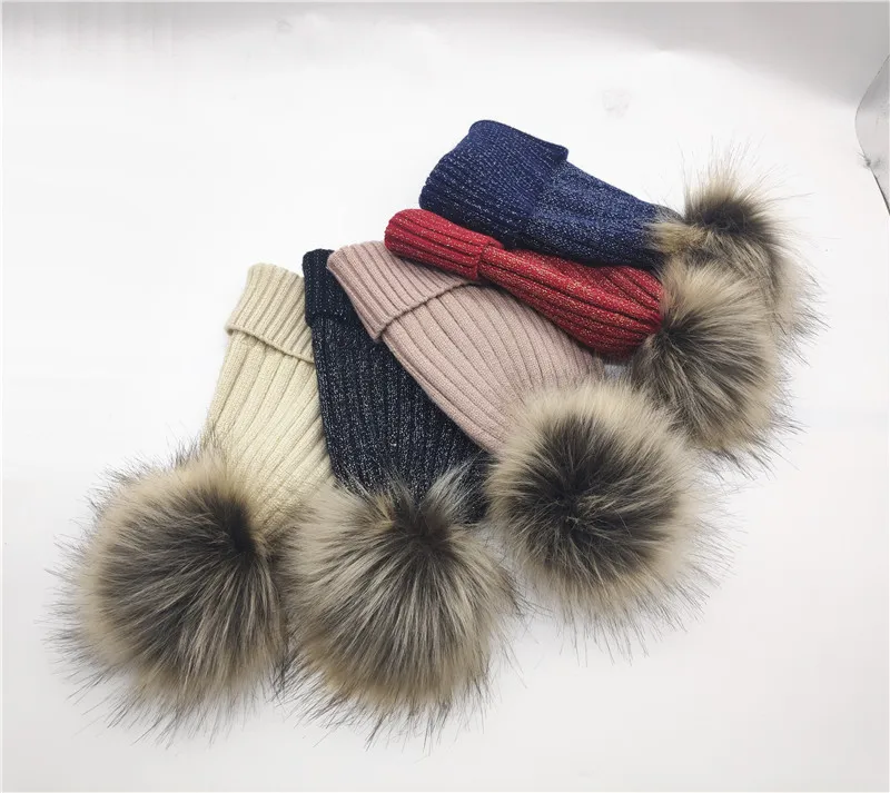 Зимняя женская повседневная шерстяная вязаная шапка в полоску Skullies, женская теплая вязаная шапка с помпонами из натурального меха Gorros