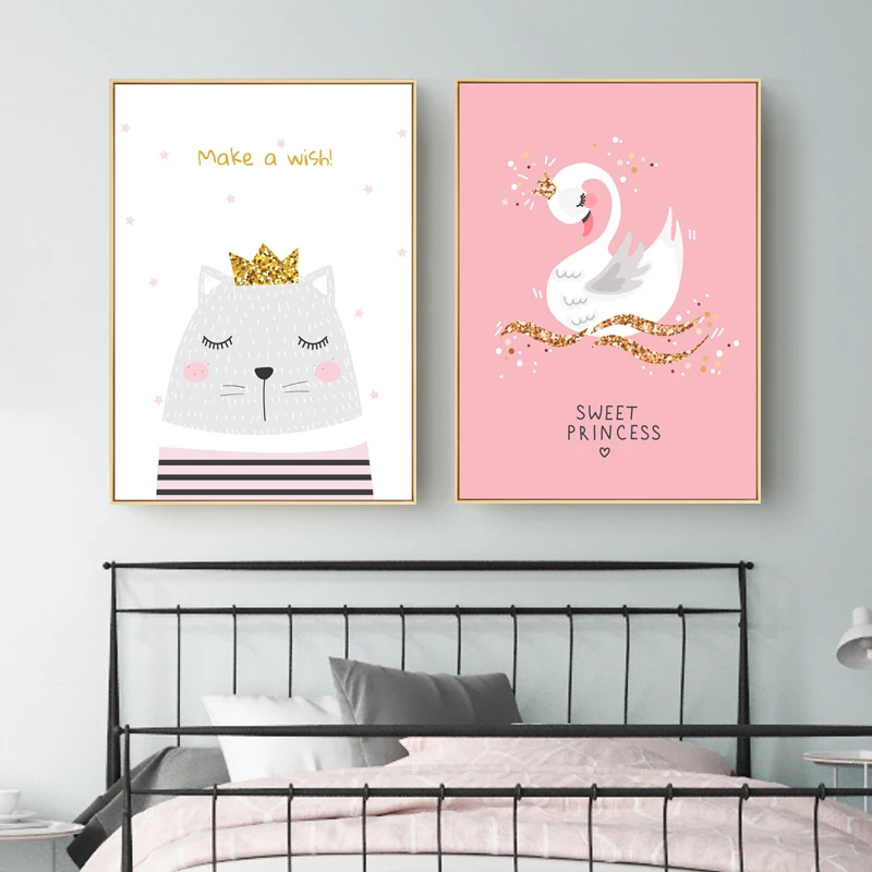 Baby-Nursery-Wall-Art-Canvas-Poster-Print-bear-rabbit-crown-Painting-Nordic-Kids-Decoration-Picture-pink