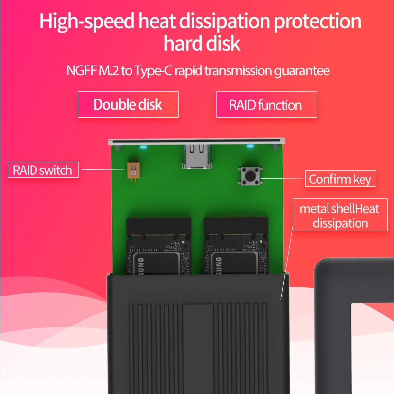 Двойной твердотельный дисковый массив NGFF M.2 чехол ssd с функцией RAID корпус SSD Тип C дисковый массив коробка 2 отсека для резервного копирования данных