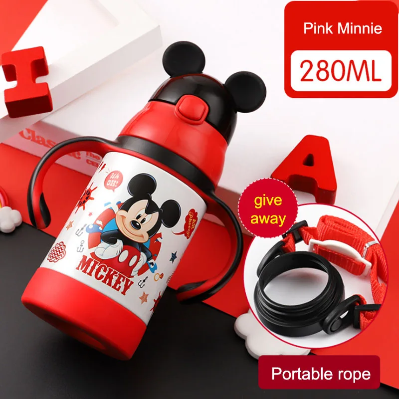 Red mickey 280 мл Микки Минни Дисней детские чашки из нержавеющей стали вакуумные кружки портативный двойного назначения детская бутылка для воды - Цвет: Red mickey