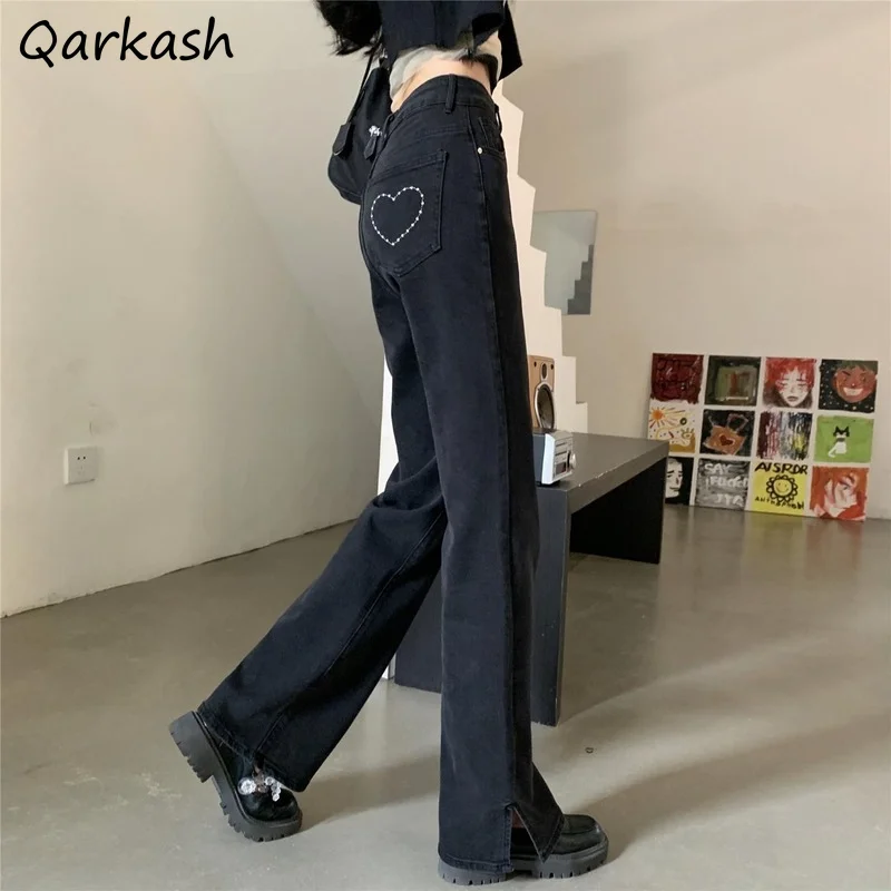 

Jeans Women Black Simple All-match Elegant Casual Side-slit Design Clothes Female Retro Chic Hot Sale Spring Tender Basic Newest