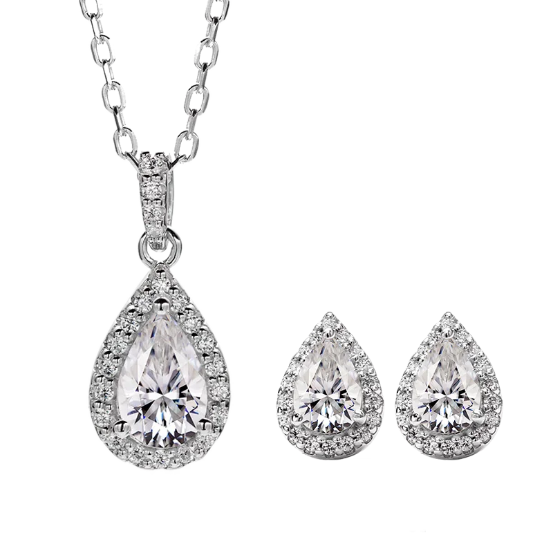 RICA FELIZ 925 Sterling Silver Halo Moissanite Wedding Jewelry Sets Pear Moissanite Solitaire Pendant Neckalce Earrings Set RicaFeliz • 2022
