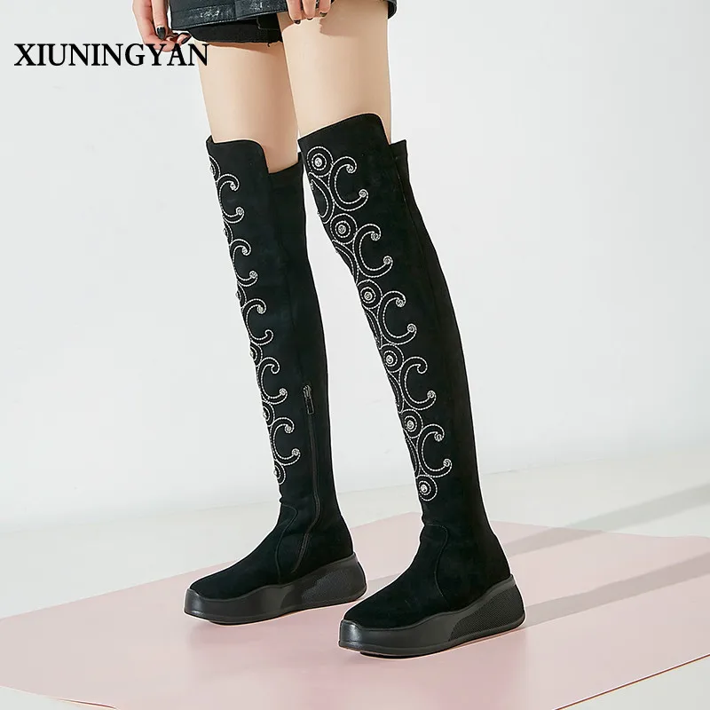 

XIUNINGYAN Real Leather Over The Knee Boots for Woman Zipper Round Toe Thick Bottom Long Boots Crystal Shoes Women Size 34-39
