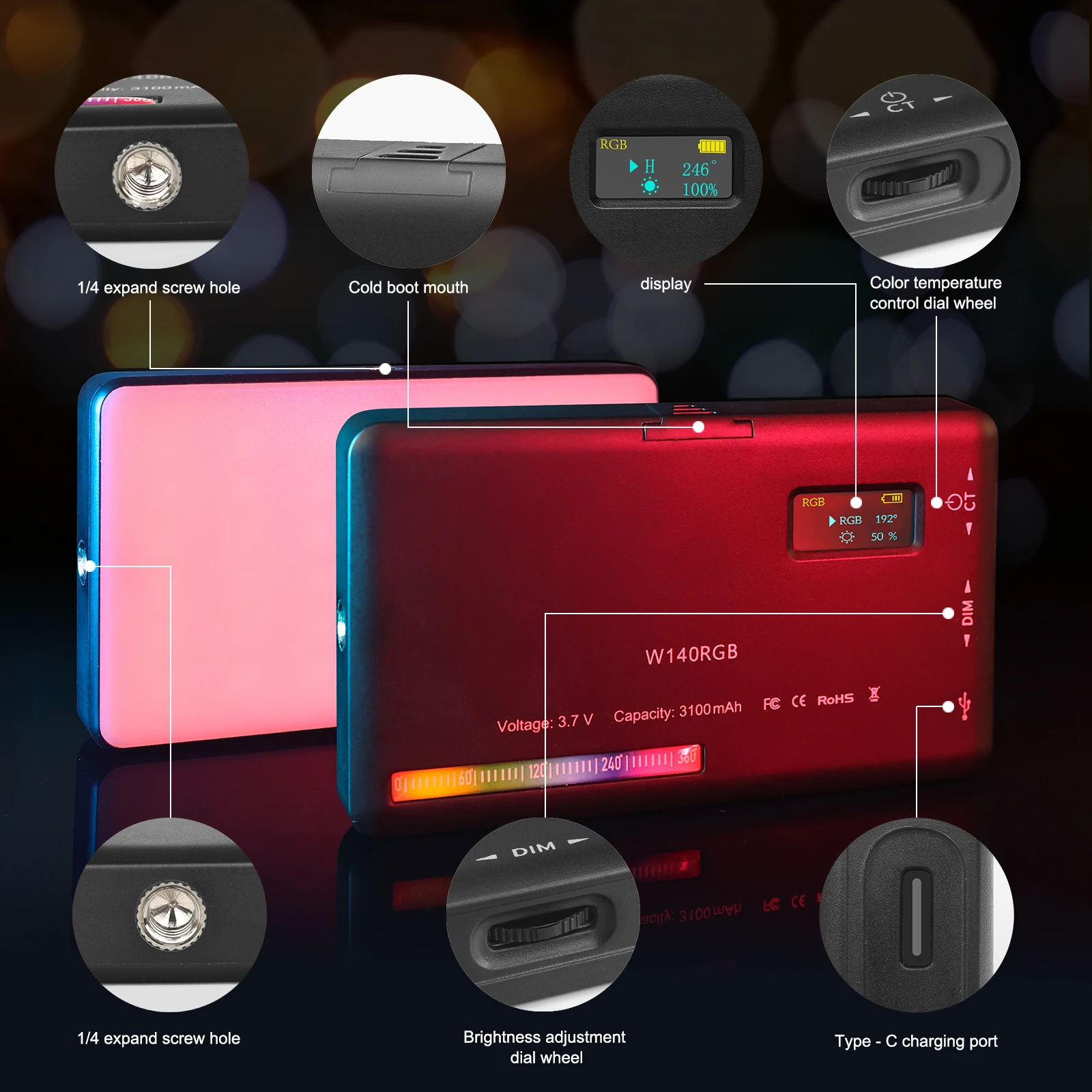 Luzes de Vídeo 2500 a 9000k Luxceo Fotografia Acessórios Câmeral Luz 8w 3100mah Led Painel Bolso Tamanho Lâmpada Regulável W140 Rgb - Image 3