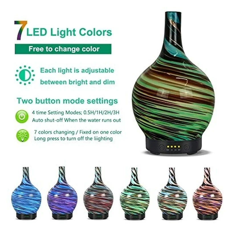 

Premium Art Glass Vase Aroma Essential Oil Diffuser Ultrasonic Air Humidifier 7Color Changing LED Lights Electric Aroma